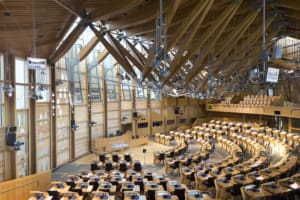 Scottish Parliament chamber with no one present