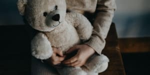 Child holding large teddy on lap