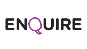Enquire logo written in black capital letters with a purple 'Q' resembling a speech bubble