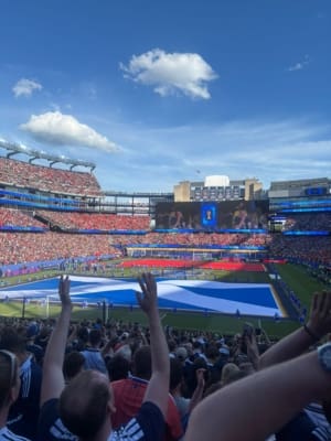 Fans cheering at a stadium with Saltire flag covering the pitch