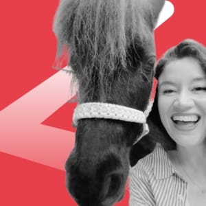A cut-out photograph of the blog author smiling with a horse is against a pink background.