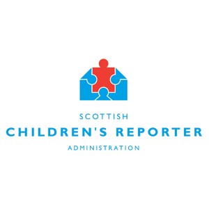 Logo for the Scottish Children’s Reporter Administration, featuring a blue and red jigsaw puzzle icon above the organisation name in blue text